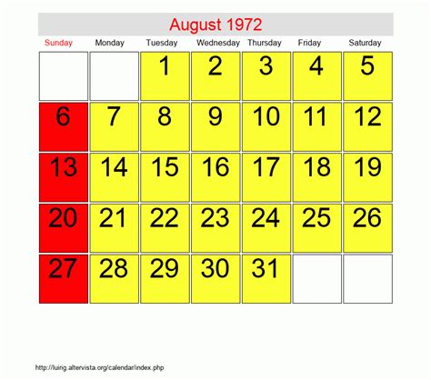 Calendar For August 1972